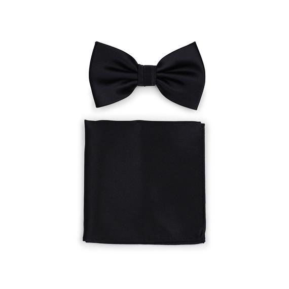 Black Bow Tie + Pocket Square Set | Formal Black Tie Bowtie and 